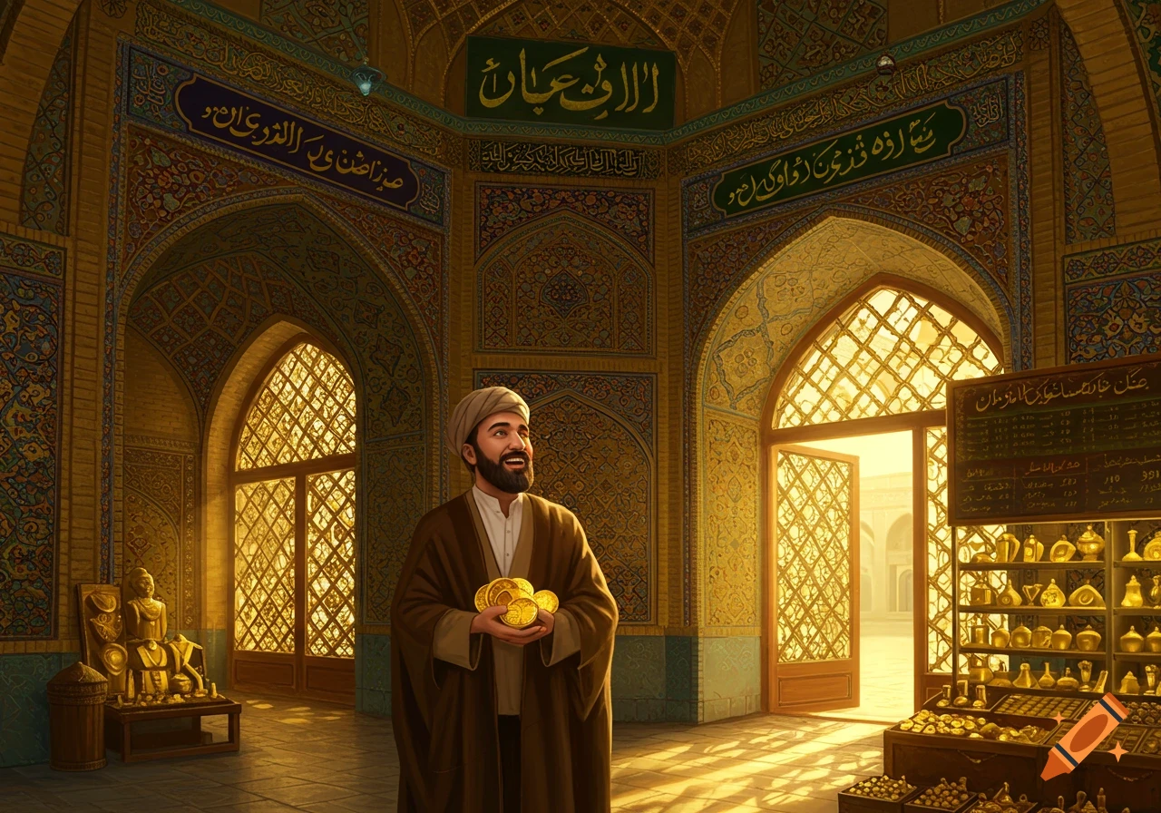 A smiling man in a turban holds gold coins inside an ornate gold shop with intricate Islamic architecture and sunlit archways.