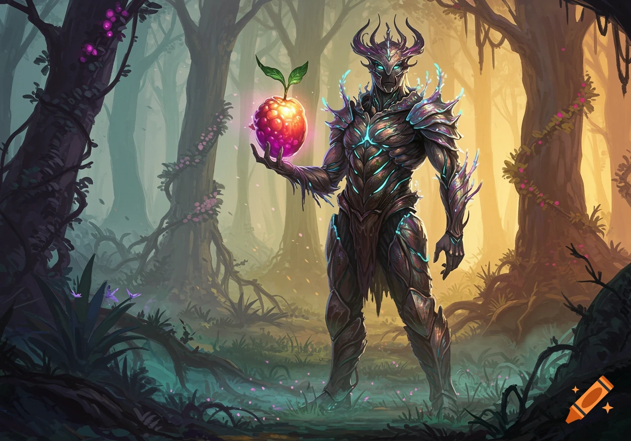 A humanoid creature with glowing armor and horns stands in a magical forest, holding a glowing, raspberry-like fruit.