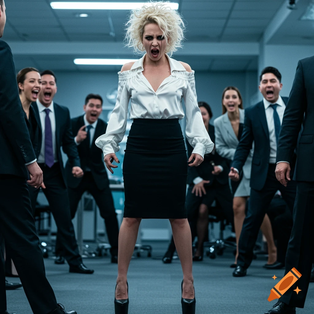 A woman with messy blonde hair and smudged mascara screams in an office, surrounded by shouting businesspeople.