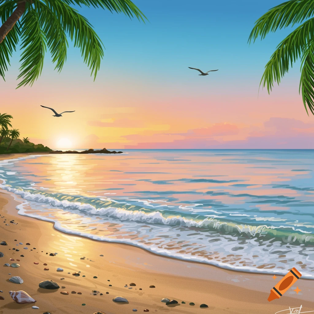 A colorful sunset over a tropical beach with palm trees and ocean waves.