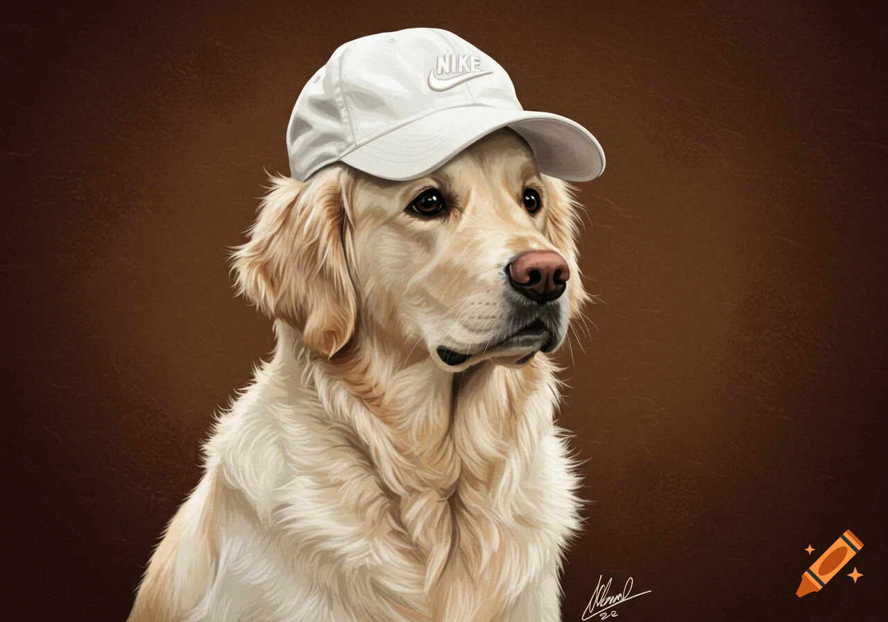 An English cream golden retriever dog wearing a white Nike hat, depicted in a digital painting style against a brown background.