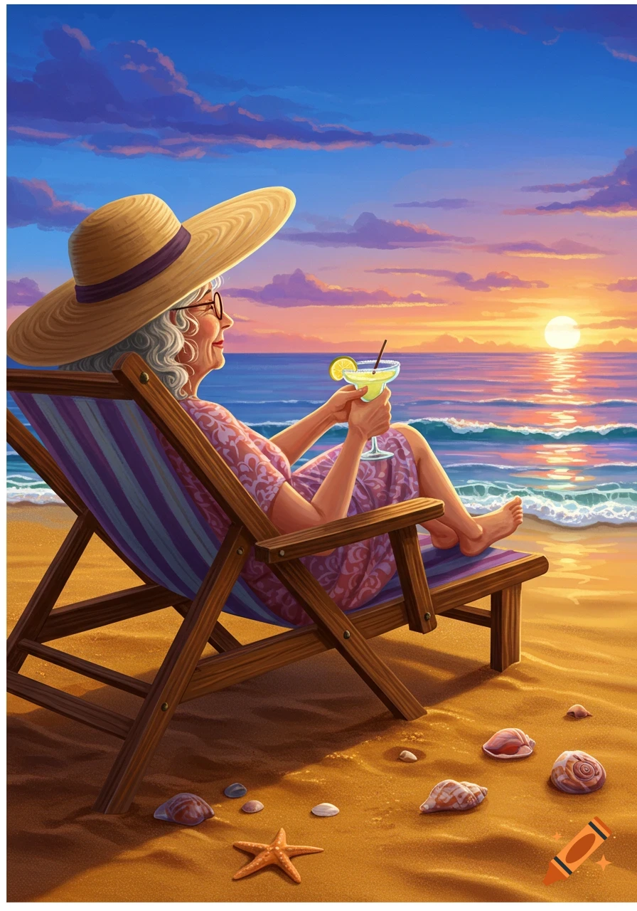 An elderly woman wearing a straw hat sits in a beach chair, holding a margarita and watching the sunset over the ocean. Illustrated style.