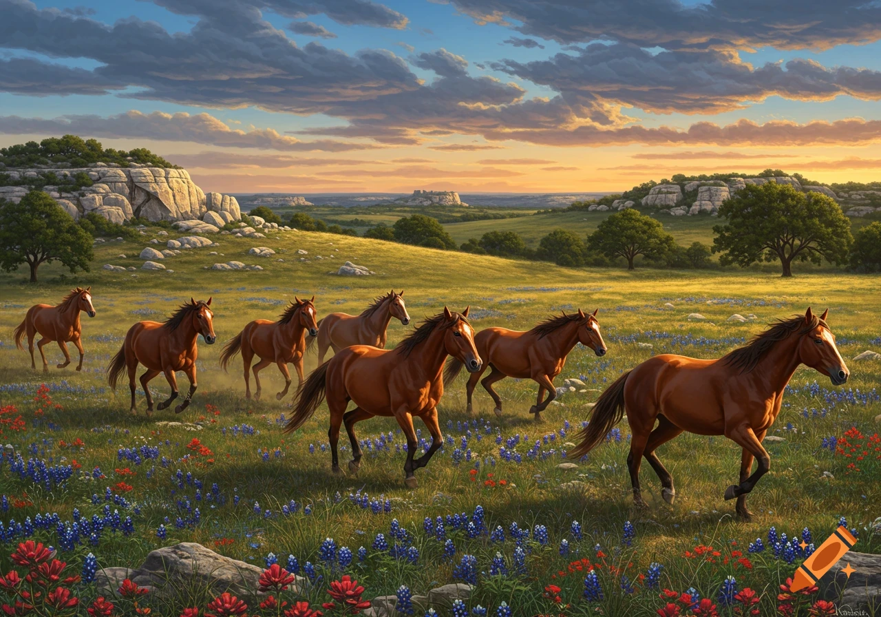 Several brown horses gallop through a field of bluebonnets and red flowers in the Texas Hill Country at sunset.