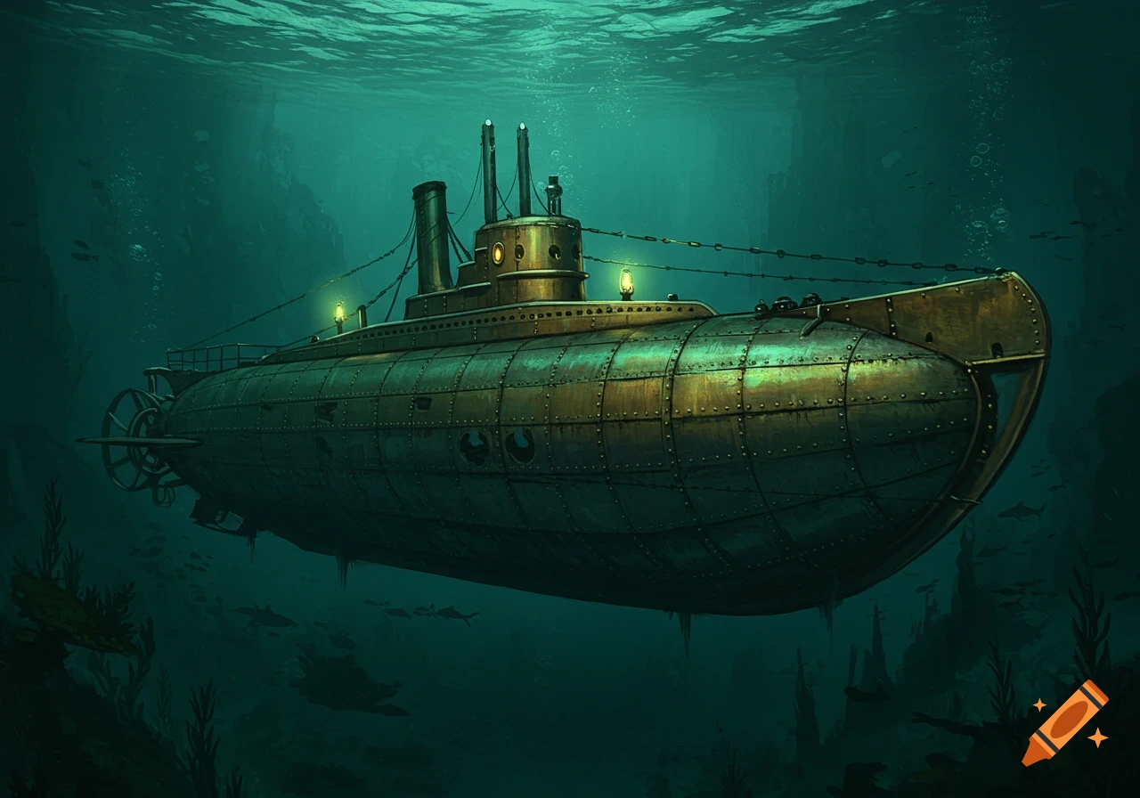 A detailed, mysterious Victorian steampunk submarine illuminated by lights in deep, murky green-blue water.