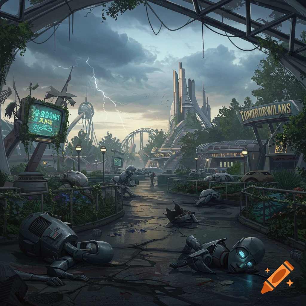 A dilapidated, overgrown sci-fi theme park with broken robots and a stormy sky with lightning. A sign reads 'TOMORRORWILANS'.