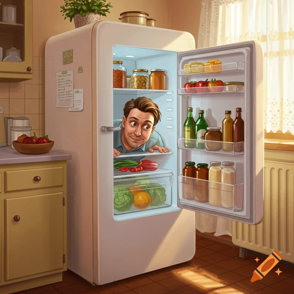 A man with a surprised expression peeks out from inside an open refrigerator filled with food in a bright kitchen.