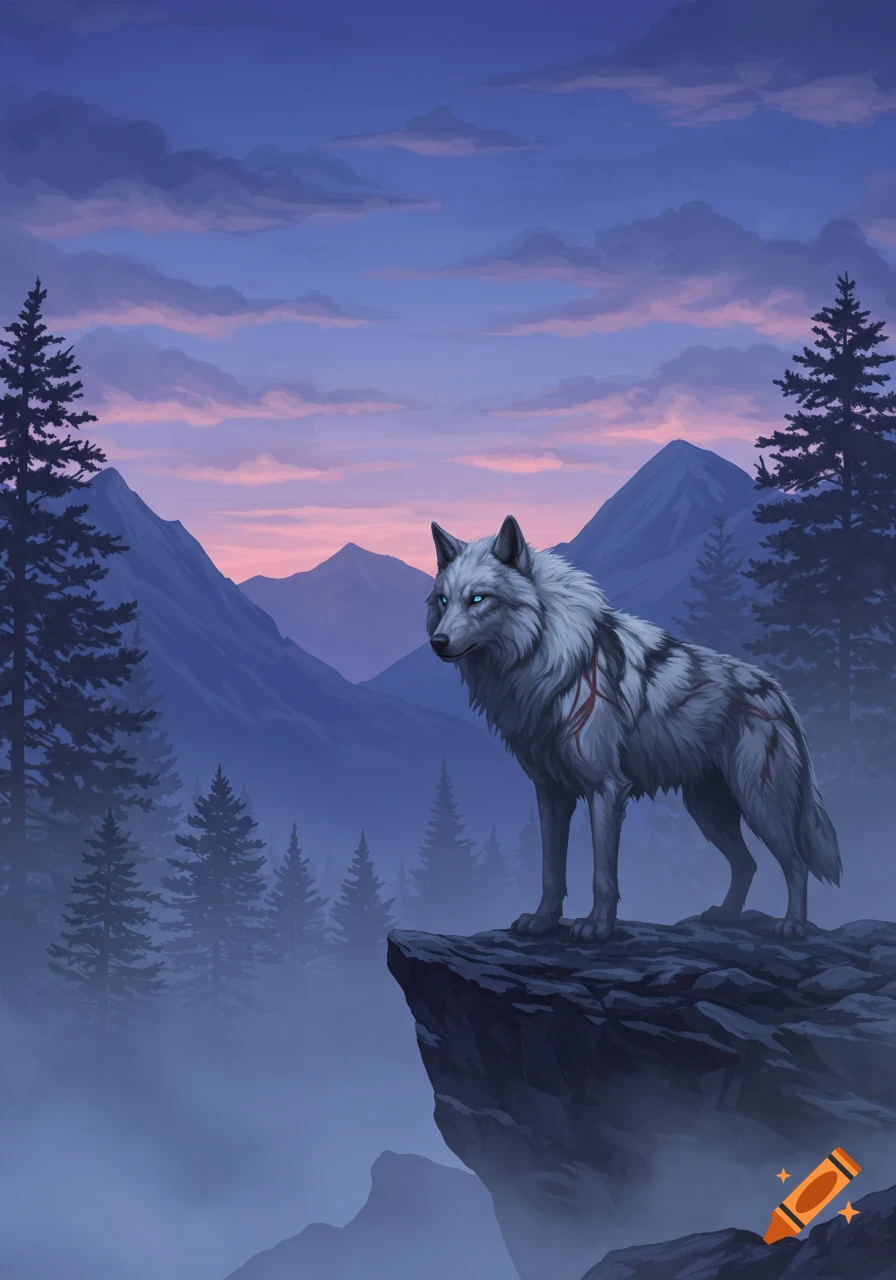 A majestic white wolf with glowing blue eyes stands on a rocky cliff overlooking a misty mountain valley at sunset. Digital art.