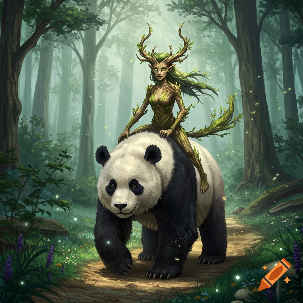 A female leshy, a tree-like creature with antlers, rides a large panda through a vibrant, misty forest path.