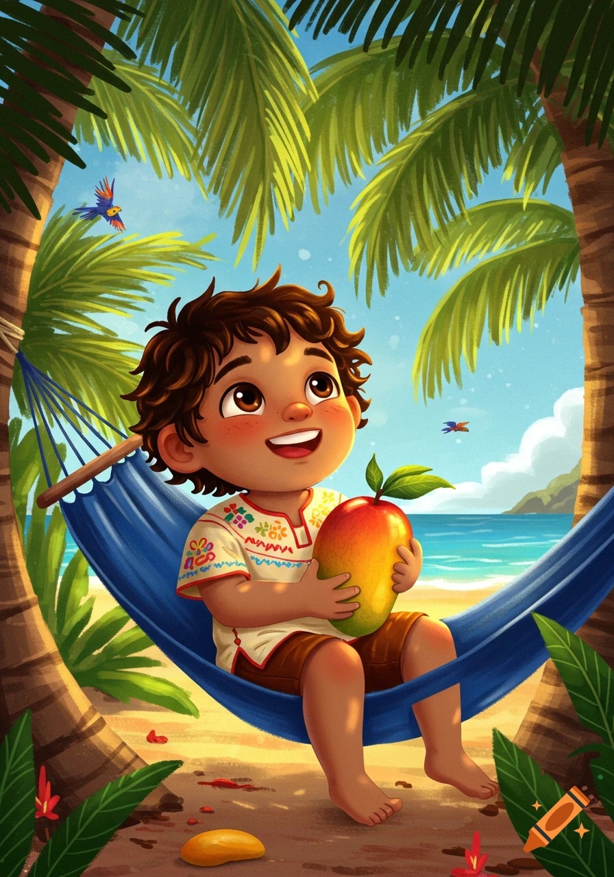 An illustration of a happy boy with curly hair sitting in a blue hammock on a tropical beach, holding a large mango.