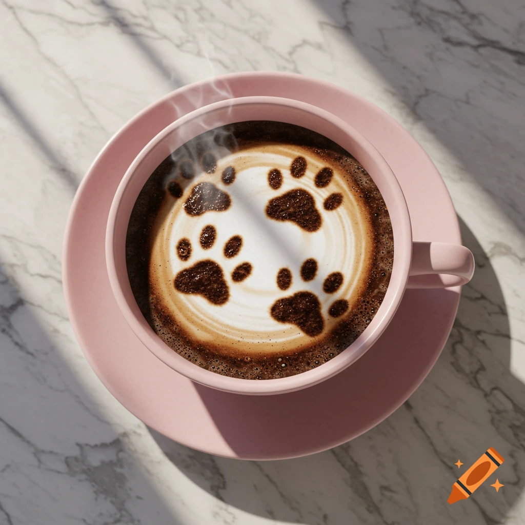 Top-down shot of a pink coffee cup with coffee latte art of dog paw prints on a marble surface with steam.