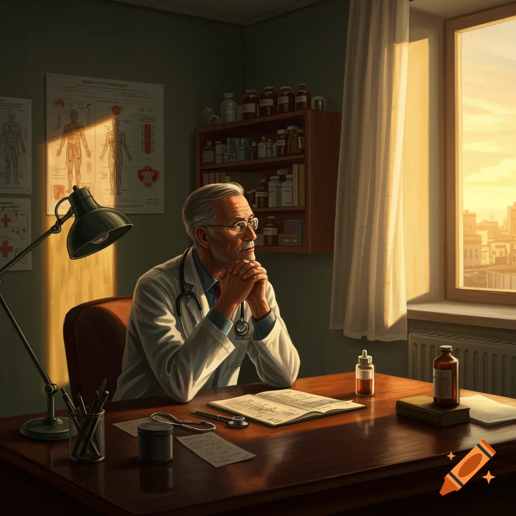 An older doctor with a stethoscope around his neck sits at a wooden desk in his office, looking out a sunlit window.