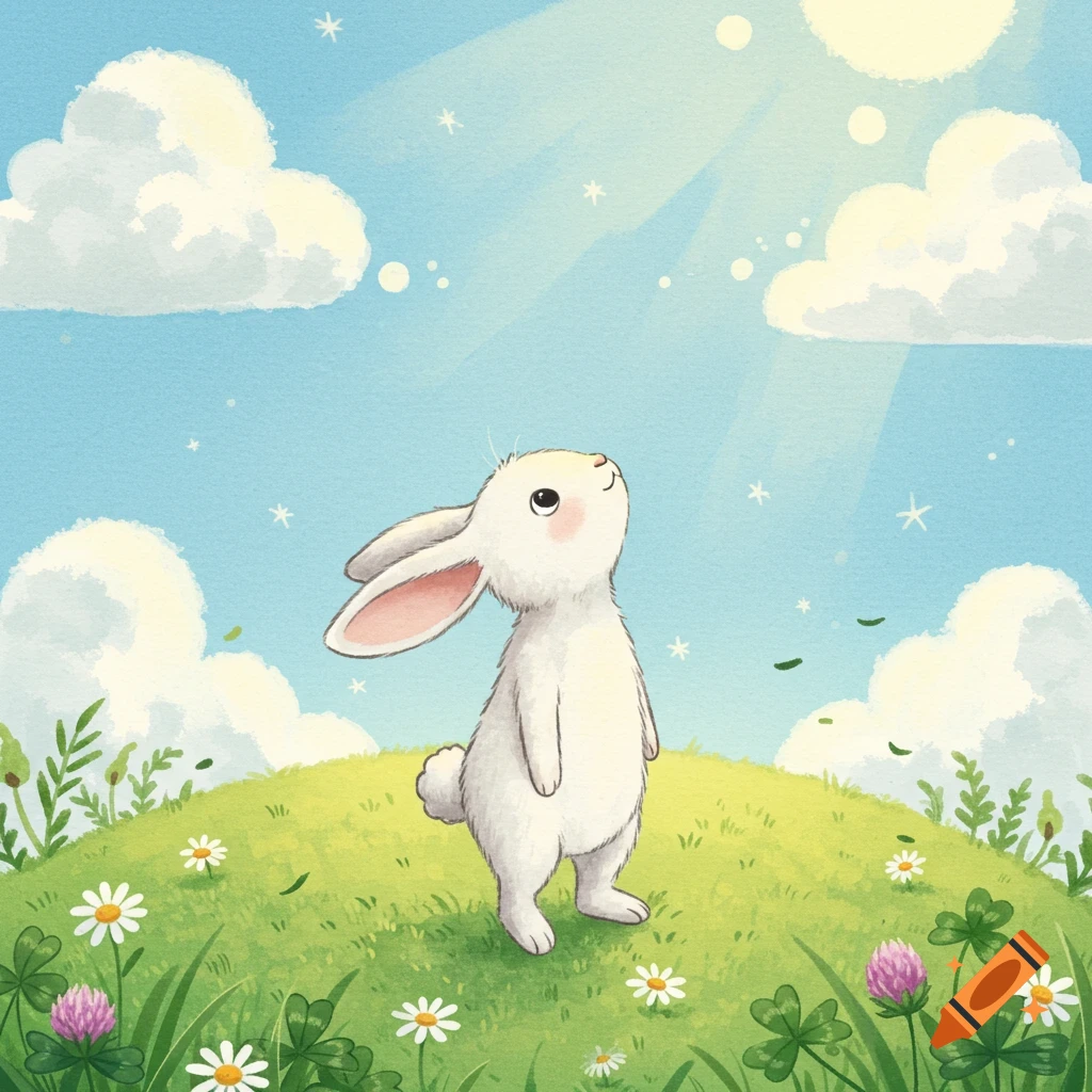 A cute cartoon bunny looks up at the sunny sky on a grassy hill with flowers and clouds in a children's book style.