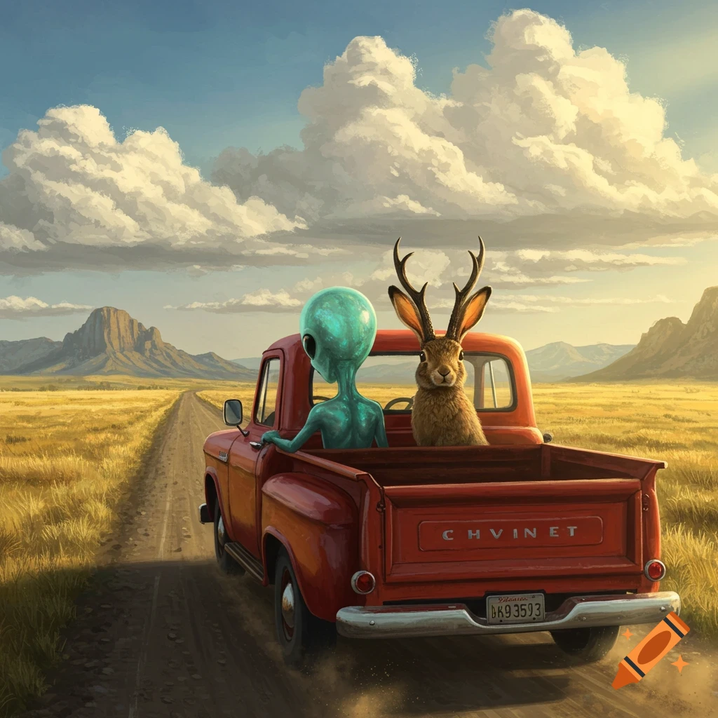 A teal alien and a jackalope ride in a vintage red pickup truck on a dirt road through a sunlit field with mountains.