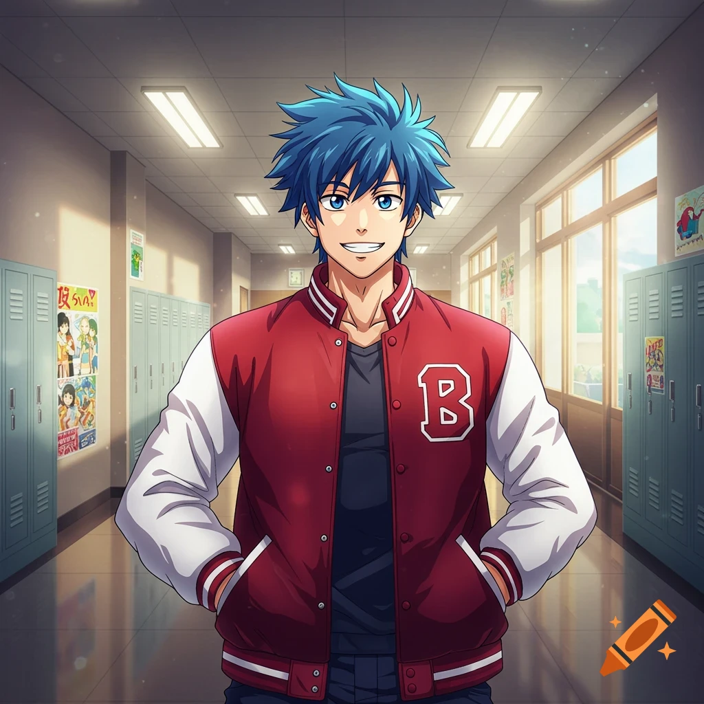 An anime-style young man with blue hair and a red and white letterman jacket stands smiling in a school hallway.