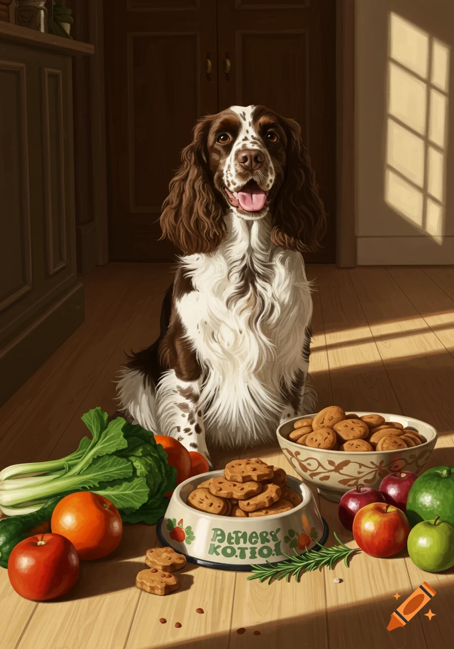 A brown and white springer spaniel sits on a wooden floor, surrounded by fresh produce and bowls of dog treats, in a sunlit room.