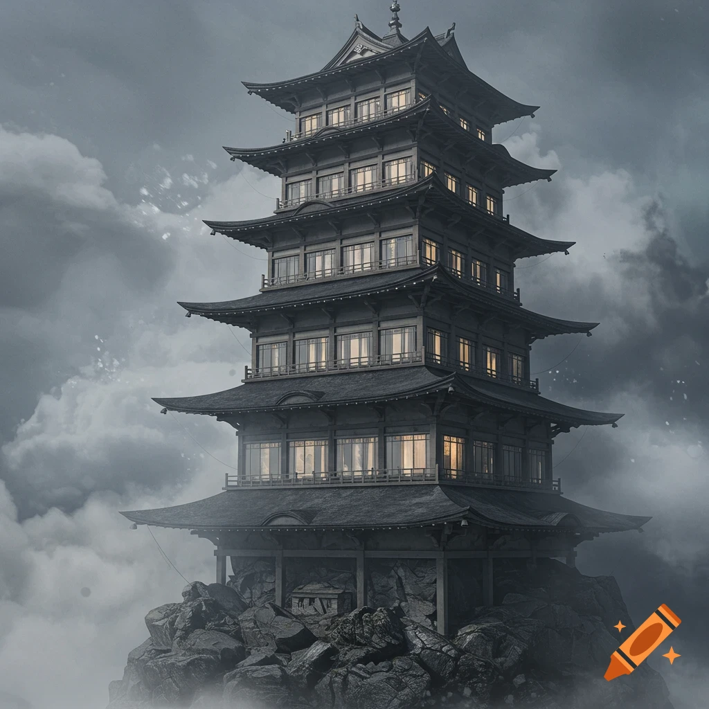 A dark, multi-tiered Japanese pagoda-like structure with glowing windows sits on a misty, rocky mountain under a cloudy sky.