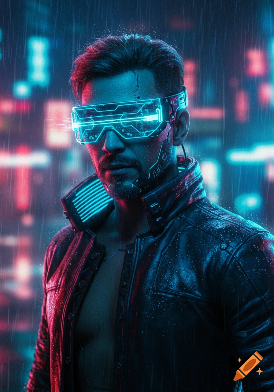 Close-up of a man in cyberpunk style with glowing blue visor, standing in the rain with city lights in the background.