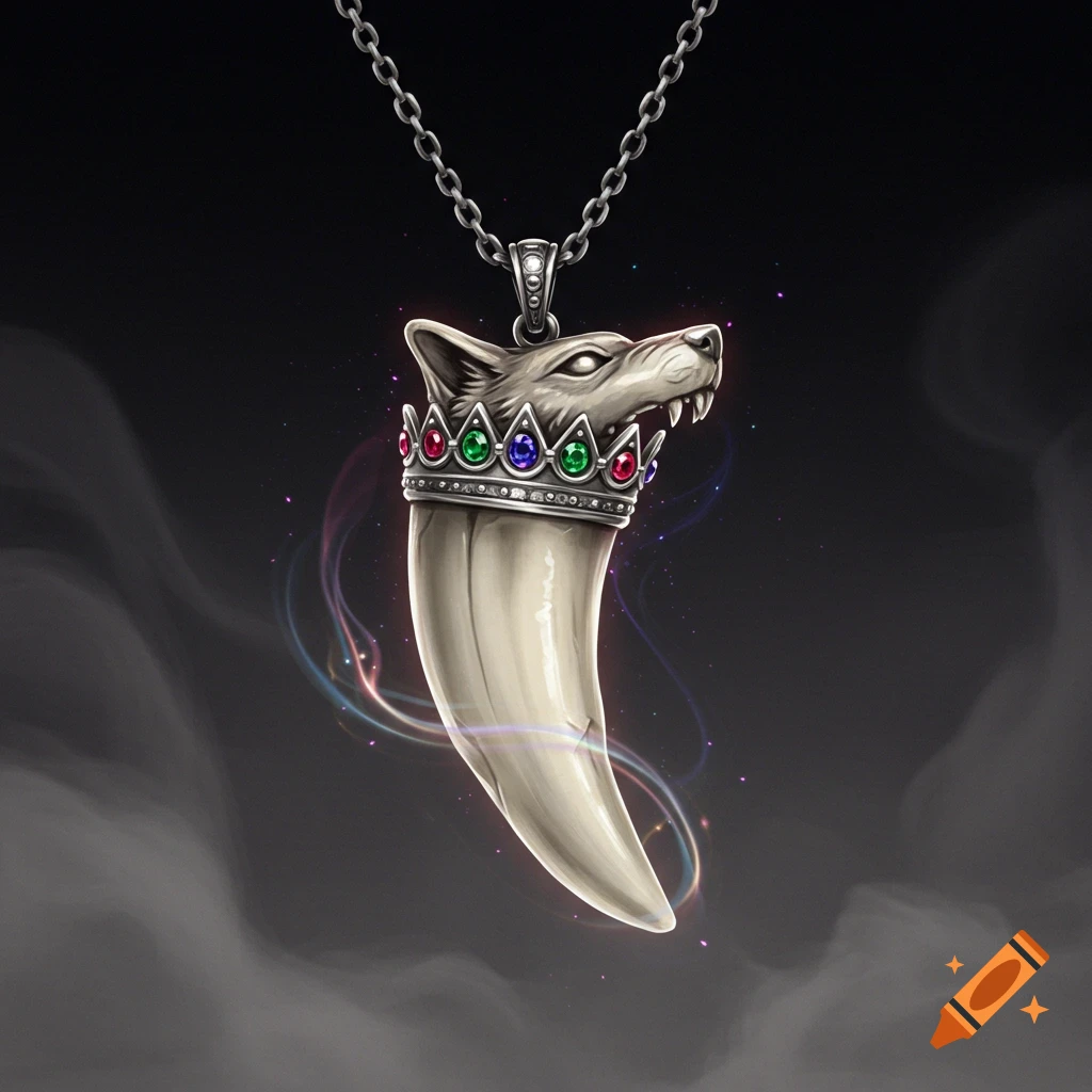 A detailed wolf head and tooth pendant with a jeweled crown hanging from a silver chain, glowing subtly on a dark background.
