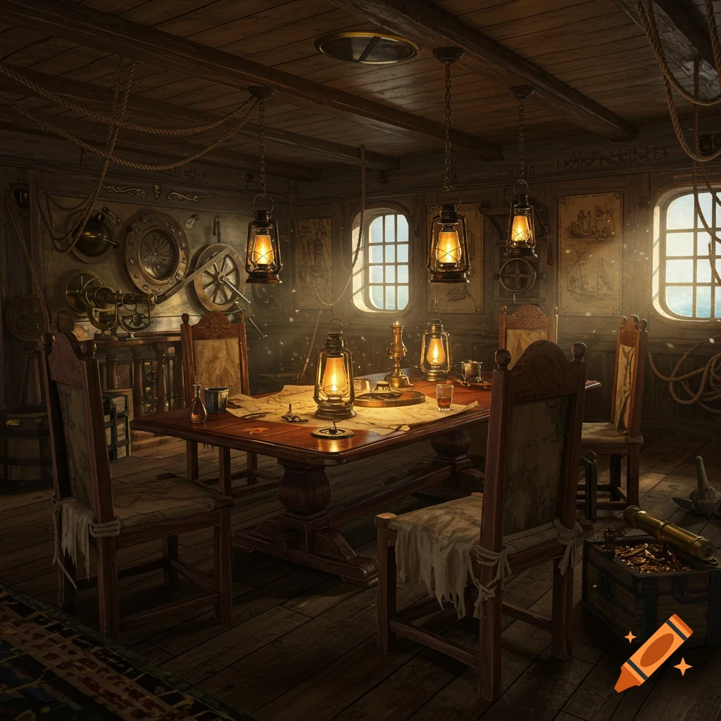 A dimly lit, realistic pirate ship interior with hanging lanterns, a wooden table covered in maps, and sunlight streaming through windows.