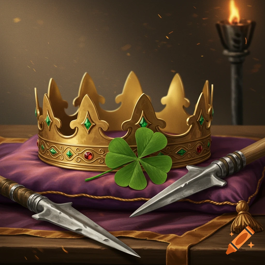 A golden king's crown with jewels, a four-leaf clover, and two spearheads on a purple cushion. A lit torch is in the background.
