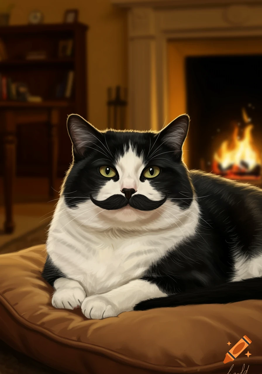A black and white tuxedo cat with a black mustache sits on a brown pillow by a cozy fireplace.