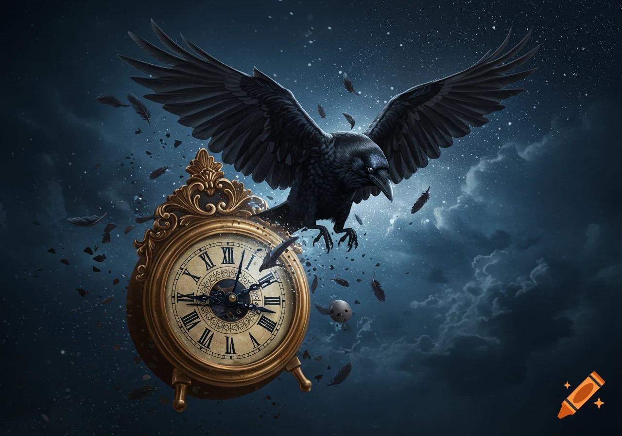 A majestic black raven with outstretched wings flies from an ornate golden antique clock against a dark, cloudy, starry night sky.
