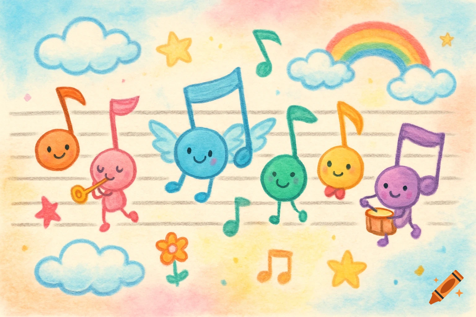 Colorful, happy musical notes dance on a staff with a rainbow and clouds in a charming crayon and watercolor style.