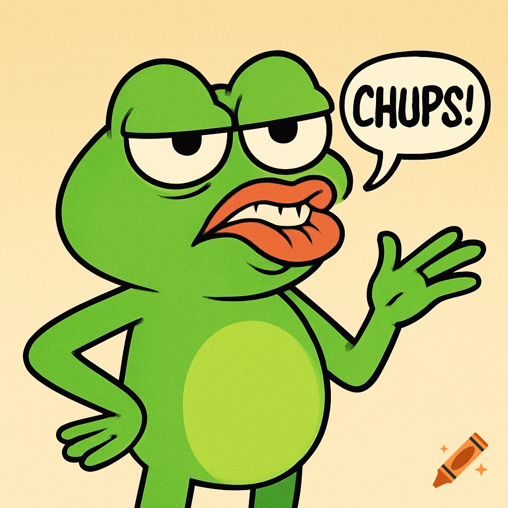 Cartoon green frog character with furrowed brows and puckered lips, making a 'chups' sound in a speech bubble, one hand on hip, one raised.