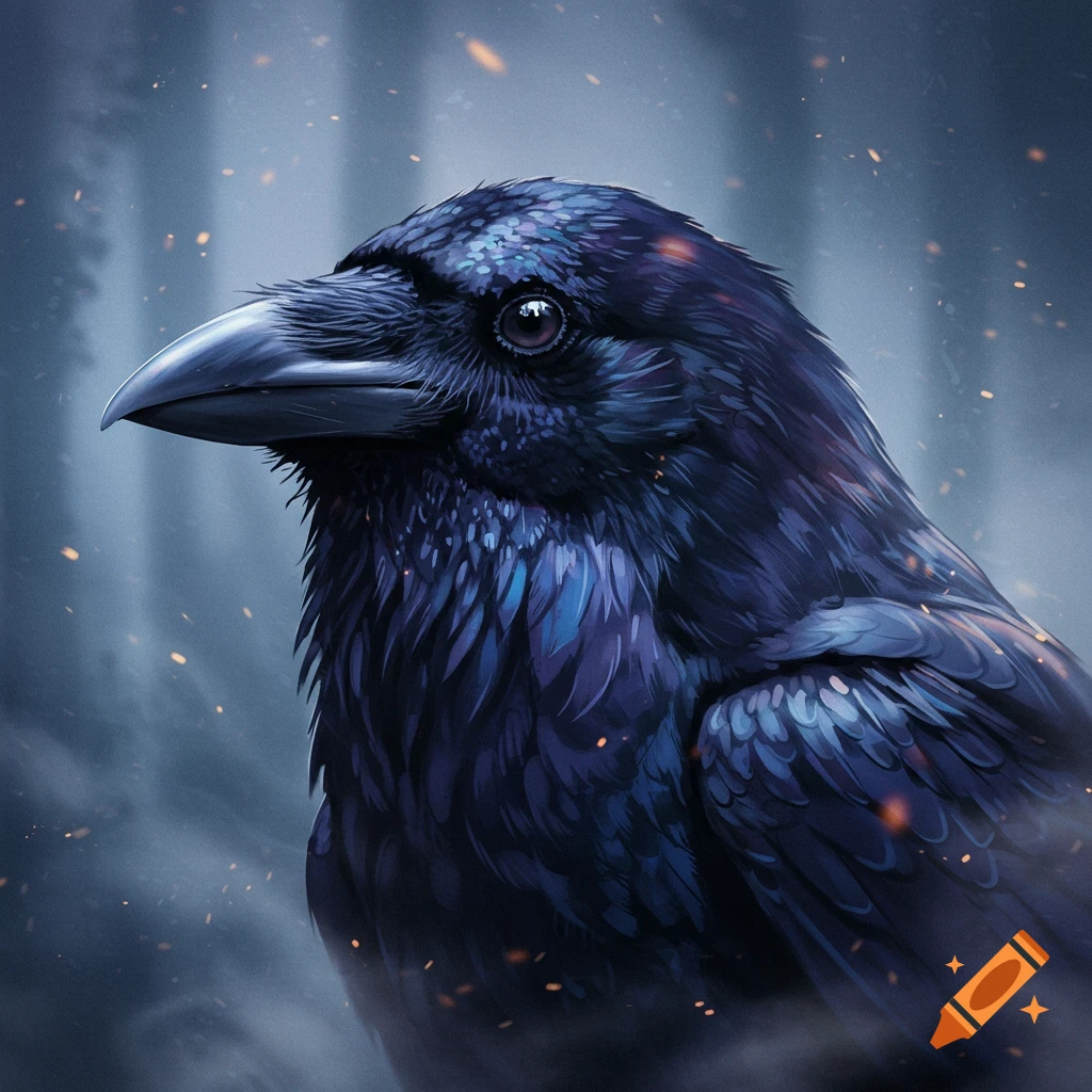 Close-up, detailed portrait of a black raven's head with blue highlights and glowing embers in a dark, atmospheric forest.