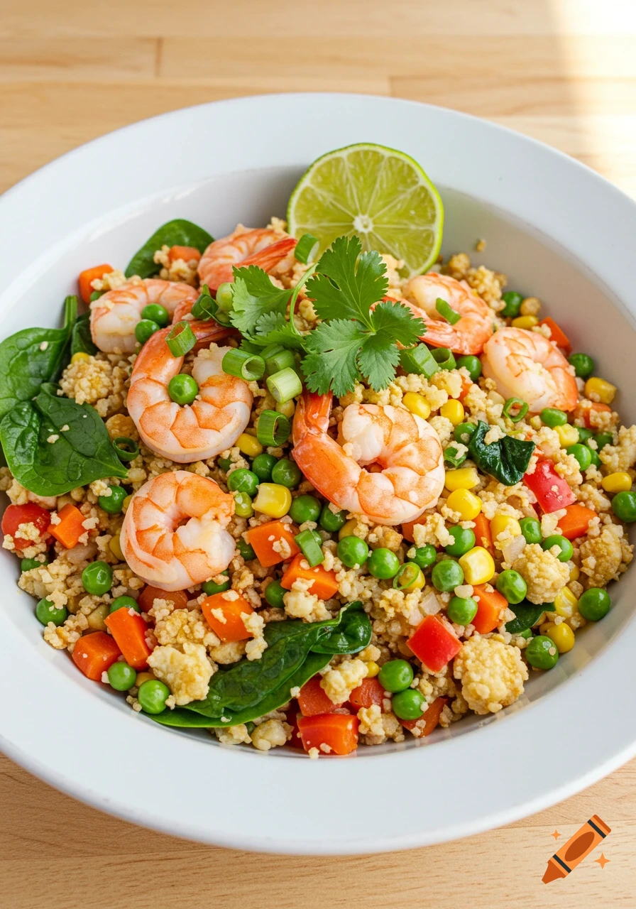 A photorealistic image of a white bowl filled with colorful shrimp cauliflower fried rice, garnished with cilantro, green onions, and a lime wedge on a wooden table.