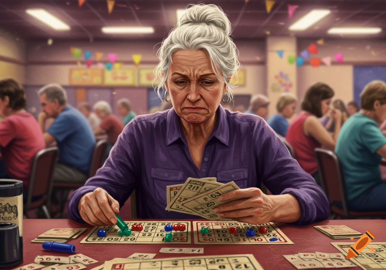 A stressed older woman with gray hair in a purple shirt plays multiple bingo cards with markers in a busy bingo hall.