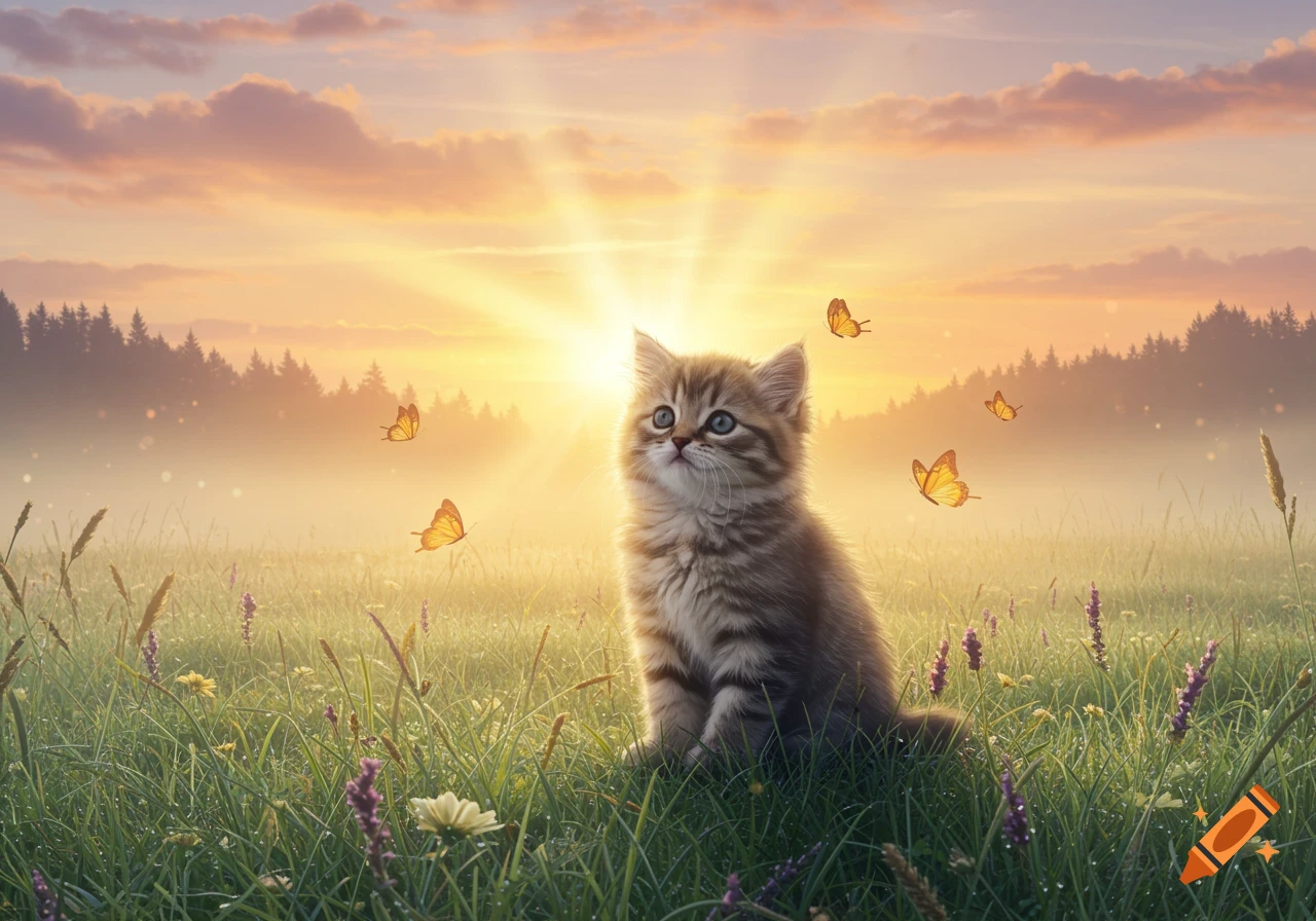 A cute kitten sits in a grassy field at sunrise, looking up at butterflies flying around it.