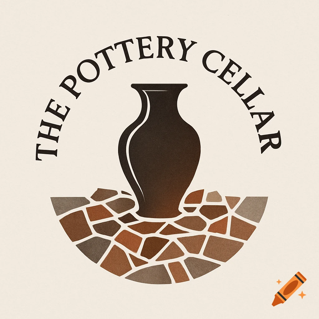 Logo for The Pottery Cellar, featuring a dark vase on a mosaic base with text curved above.