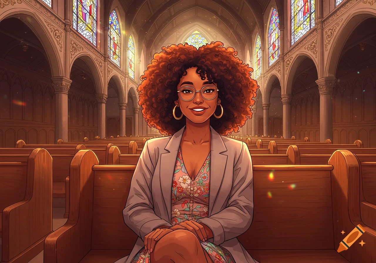 Cartoon portrait of a smiling Black woman with curly hair and glasses, sitting in a church pew with stained glass windows.
