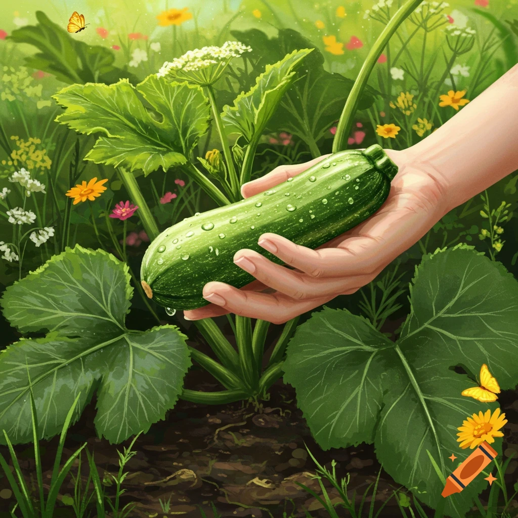 A hand holds a fresh, green zucchini with water droplets in a lush garden with plants, colorful flowers, and butterflies.