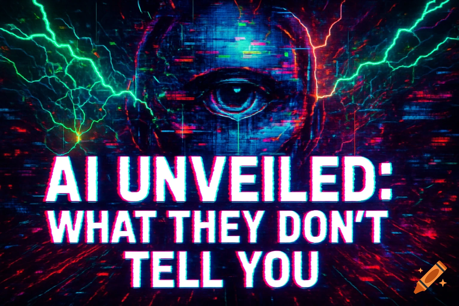 A glitchy cyberpunk image featuring a central abstract robotic eye with neon lightning and the text 'AI UNVEILED: WHAT THEY DON'T TELL YOU' in bold, distorted letters.