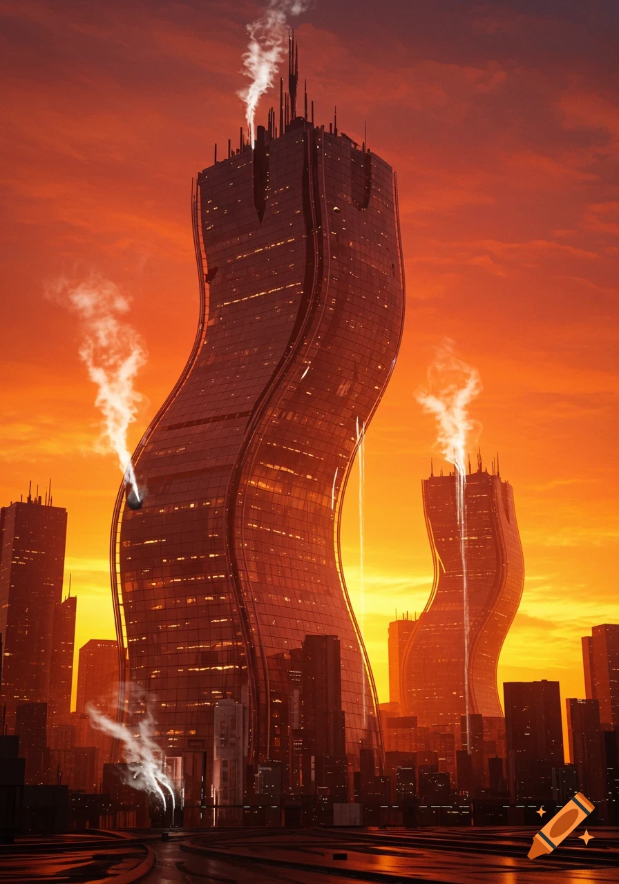 Tall, wavy skyscrapers in a futuristic city against a dramatic orange sunset sky with smoke.