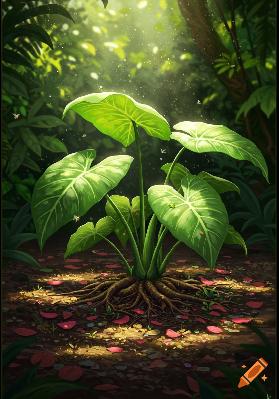 A vibrant green plant with exposed roots thriving on a sunlit forest floor, surrounded by lush foliage.