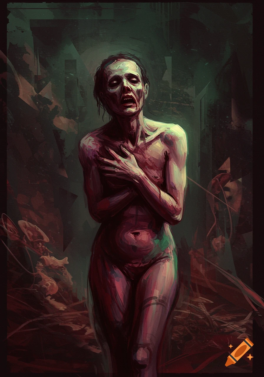 An emaciated, pale figure with a distorted, bloody face and bare torso, depicted in a dark, expressionistic style reminiscent of Francis Bacon.