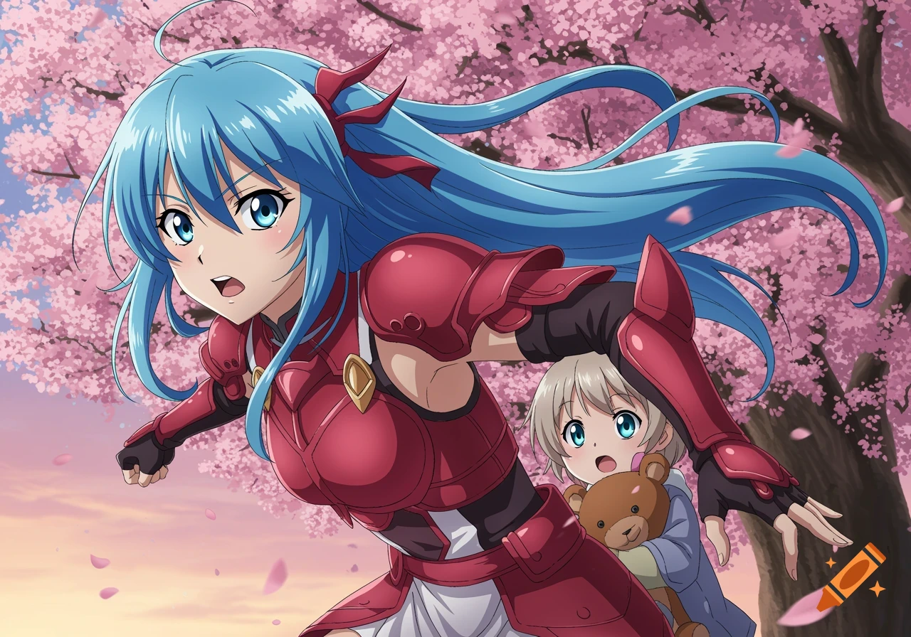 Blue-haired anime girl in red armor protecting a small child with a teddy bear, under a cherry blossom tree.