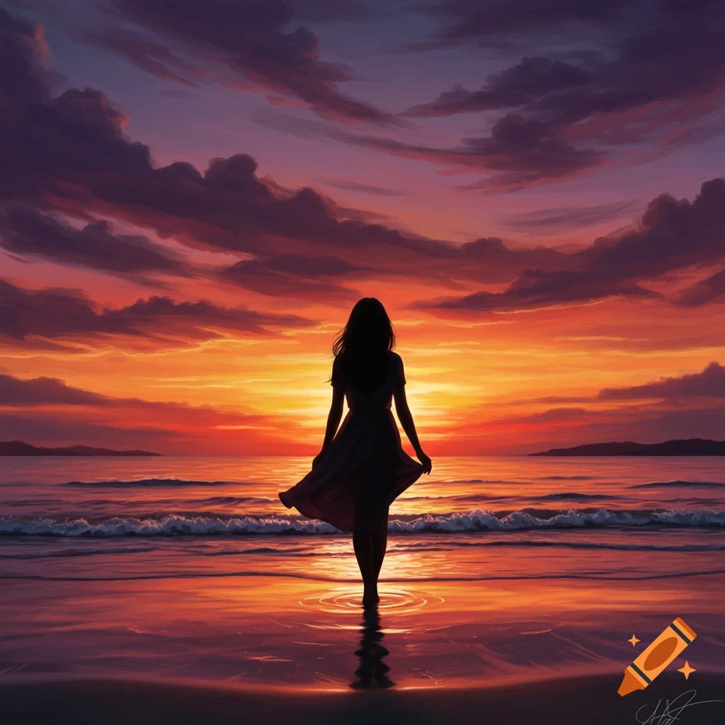 A silhouette of a woman standing in the shallow water on a beach, facing a vibrant orange and purple sunset.