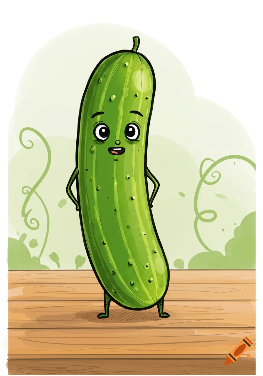 A cute cartoon cucumber character stands on a wooden surface against a light green background.