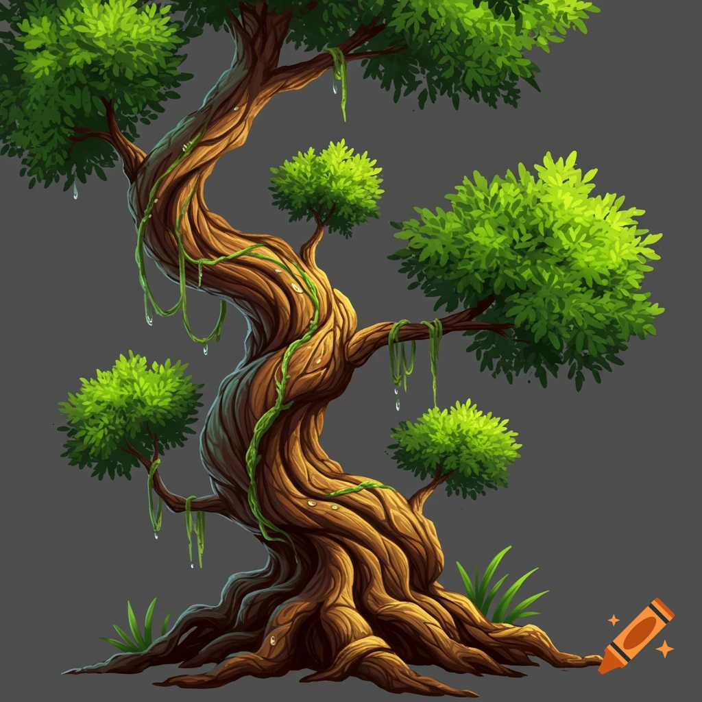 A stylized wild ayahuasca vine with thick, gnarled roots and a twisted trunk, lush green foliage, and dripping vines, on a grey background.