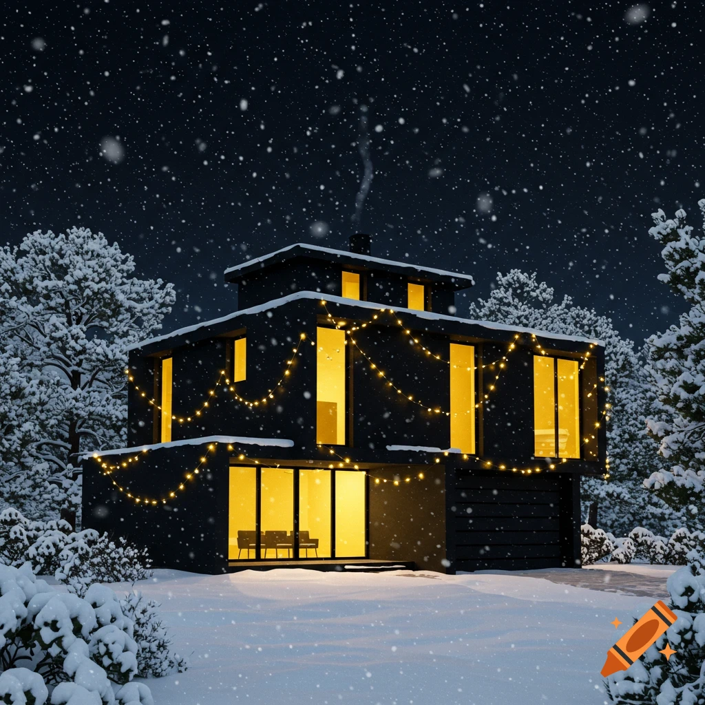 A modern black house is illuminated by warm yellow lights and draped with festive string lights in a snowy winter landscape at night, with snow falling and evergreens covered in snow.