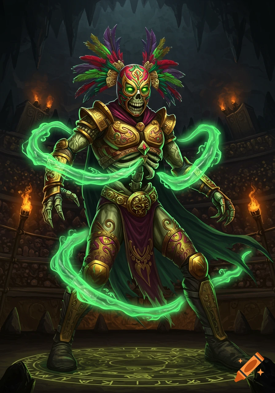 A skeletal figure in ornate golden armor with a colorful feathered headdress and a green luchador mask. Green magical energy swirls around its body as it stands in a dark arena on a glowing magic circle.