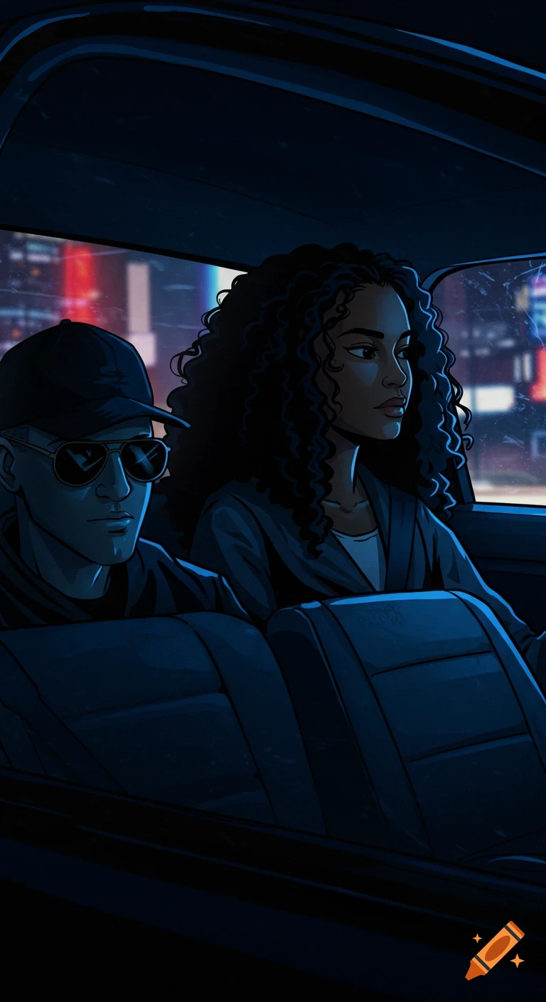 A stylized cartoon shows a man in a cap and sunglasses driving a dark car at night, with a woman with curly hair looking out the back window.