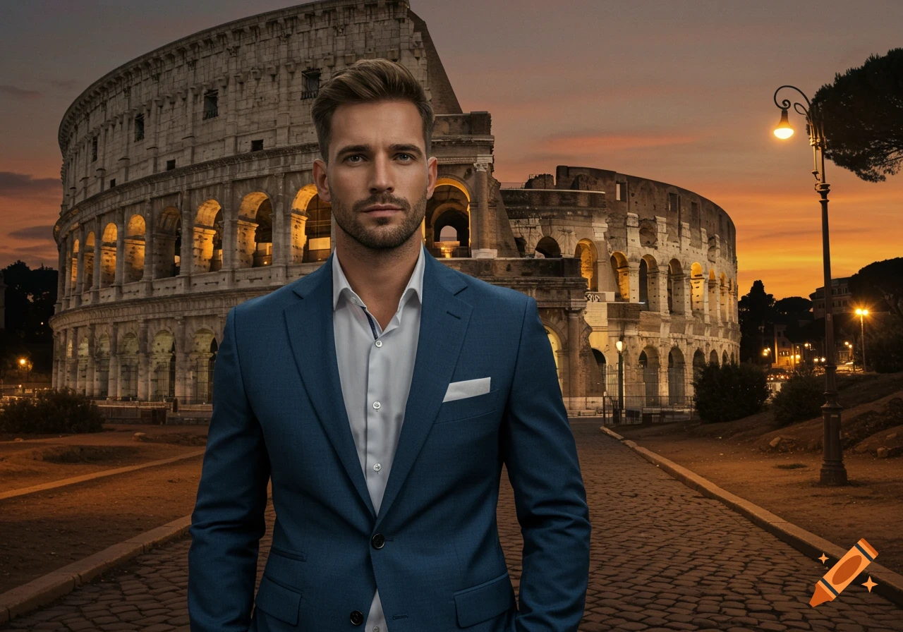 A handsome man in a blue suit stands in front of the illuminated Colosseum in Rome at twilight, photorealistic.
