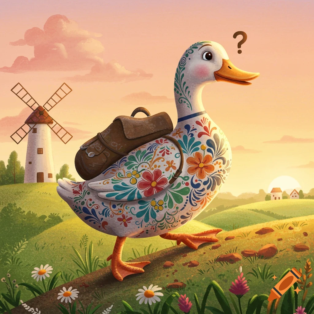 A white duck with colorful floral patterns and a backpack walks up a hill with a windmill in the background at sunset. A question mark hovers above its head.