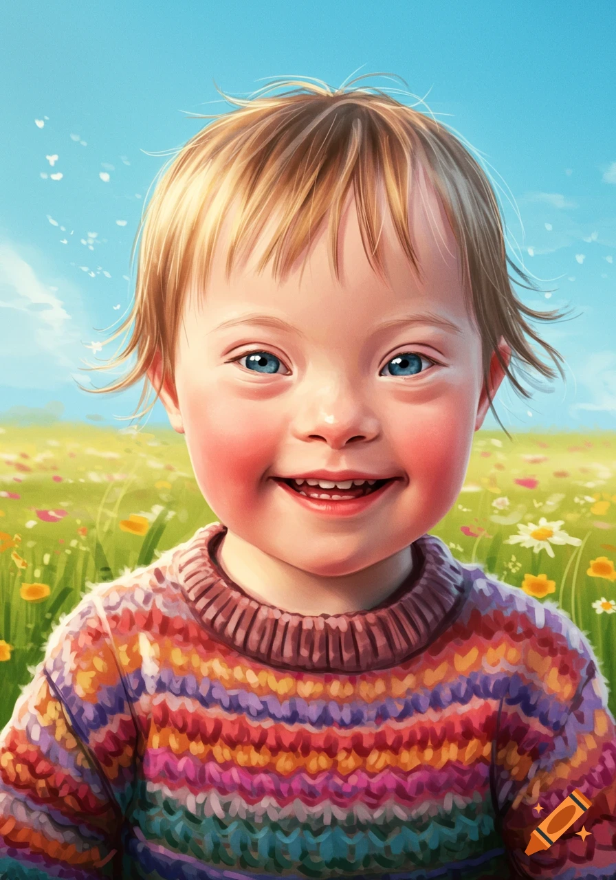 An illustration of a smiling child with Down syndrome in a field of colorful flowers under a blue sky.