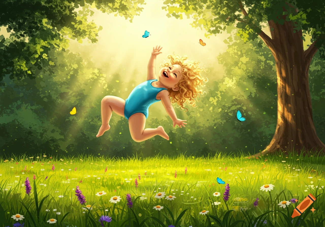 Happy toddler with curly hair in a blue swimsuit jumping joyfully in a sunlit meadow with trees and butterflies.